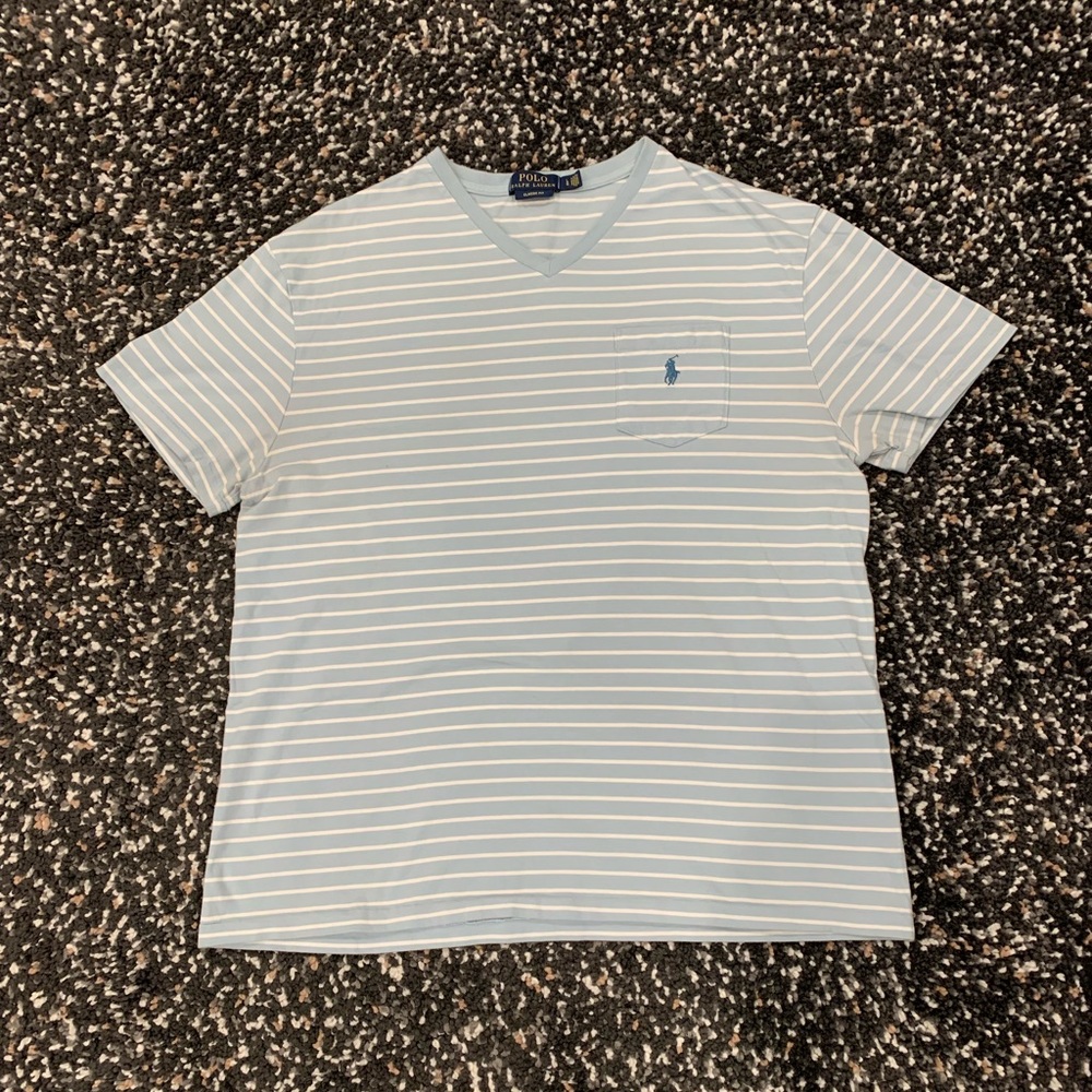 Polo Ralph Lauren Men’s Large Mint and White Striped V Neck Pocket T Shirt